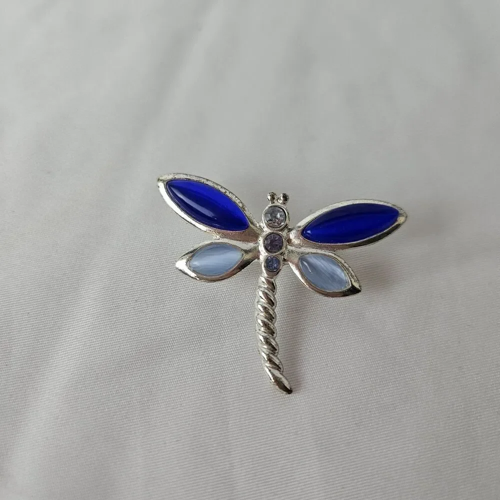 Vintage Dragonfly Brooch Pin/Pendant Silvertone Blue Stone Pearlized Wings